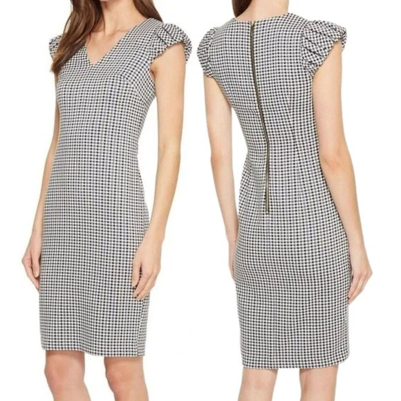 Calvin Klein Sheath Dress Super Stretchy Black & White Gingham Puffy Cap Sleeve - Picture 5 of 8